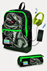 Coral High Koyu Yeşil Siyah Dinazor Desenli USB'li 2'li Okul Çanta Seti - Erkek Çocuk