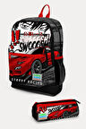 Coral High Kids Siyah Kırmızı Anime Araba Desenli 2'li Okul Çanta Seti - Erkek Çocuk
