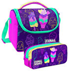 Coral High Mor Pembe Dondurma Desenli Kız Çocuk Isı Yalıtımlı Beslenme Çantası ve Kalemlik Seti