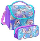 Coral High Mor Pembe Unicorn Desenli Kız Çocuk Isı Yalıtımlı Beslenme Çantası ve Kalemlik Seti
