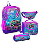 Coral High Kız Çocuk Pembe Mor Kaplumbağa Desenli İlkokul Okul Çanta Seti ve Bel Çantası