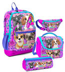 Coral High Kız Çocuk Pembe Köpek Desenli İlkokul Okul Çanta Seti ve Bel Çantası