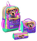 Coral High Kız Çocuk Üçlü İlkokul Okul Çanta Seti - Sarı Pembe Sevimli Köpek