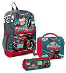 Coral High Erkek Çocuk Üçlü İlkokul Okul Çanta Seti - Gri Nefti Anime Motorsiklet