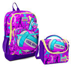 Coral High Dört Bölmeli Kız Çocuk Okul Sırt Çantası ve Beslenme Seti - Pembe Mor Voleybol