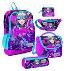 Coral High Kız Çocuk Mor Pembe Anime Kedi Desenli Beşli İlkokul Okul Çanta Seti