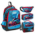 Coral High Gri Mavi Yarış Arabası Desenli Erkek Çocuk Okul Beslenme Kalemlik ve Bel Çantası Seti - İlkokul İçin Uygun
