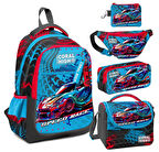 Coral High Gri Mavi Yarış Arabası Desenli Erkek Çocuk Beşli Okul Çanta Seti - İlkokul İçin Uygun