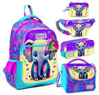 Coral High Pembe Turkuaz Fil Desenli Kız Çocuk Beşli Okul Çanta Seti - İlkokul İçin Uygun