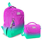 Coral High Kız Çocuk Üç Gözlü İlkokul ve Ortaokul Sırt Çantası+Beslenme - Pembe Su Yeşili Renk Geçişli