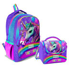 Coral High Kız Çocuk Üç Gözlü İlkokul ve Ortaokul Sırt Çantası+Beslenme - Mor Simli Unicorn