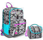 Coral High Dört Bölmeli Ortaokul Çantası ve Beslenme Çantası Seti - Gri Kedi - Kız Çocuk