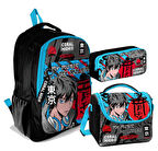 Coral High Üç Gözlü İlkokul ve Ortaokul Çanta Seti - Erkek Çocuk - Siyah Mavi Anime Desenli