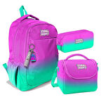 Coral High Üç Gözlü İlkokul ve Ortaokul Çanta Seti - Kız Çocuk - Pembe Su Yeşili Renk Geçişli Desenli