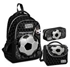 Coral High Erkek Çocuk Üç Gözlü İlkokul Çanta Seti - Siyah Futbol Desenli