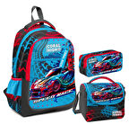 Coral High Erkek Çocuk Üç Gözlü İlkokul Çanta Seti - Gri Mavi Yarış Arabası Desenli