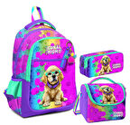 Coral High Kız Çocuk Üç Gözlü İlkokul Çanta Seti - Mor Pembe Köpek Desenli