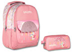 Ümit Çanta Cennec Kız Çocuk Pembe Simli Üç Gözlü Okul Çantası ve İki Gözlü Kalem Çantası Seti