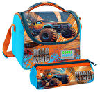 Coral High Erkek Çocuk Mavi Turuncu Arazi Aracı Thermo Beslenme Çantası ve Üç Bölmeli Kalemlik Seti