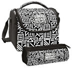Coral High Erkek Çocuk Siyah Beyaz Geometrik Şekiller Thermo Beslenme Çantası ve Üç Bölmeli Kalem Çantası Seti