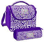 Coral High Kız Çocuk Mor Beyaz Geometrik Şekiller Thermo Beslenme Çantası ve Üç Bölmeli Kalem Çantası Seti