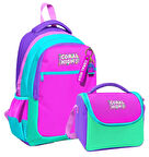Coral HighKız Çocuklar İçin Üç Gözlü Pembe Yeşil Çok Renkli Okul Sırt Çantası ve Termal Beslenme Çantası