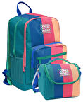 Coral High İlkokul ve Ortaokul Sırt Çantası ve Beslenme Seti - Kız Çocuklar İçin Yeşil Mavi Pembe Renkli Çizgili