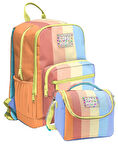 Coral High İlkokul ve Ortaokul Sırt Çantası ve Beslenme Seti - Kız Çocuklar İçin Turuncu Sarı Mavi Renkli Çizgili