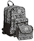 Coral High İlkokul ve Ortaokul Sırt Çantası ve Beslenme Seti - Erkek Çocuklar İçin Siyah Beyaz Geometrik Şekiller