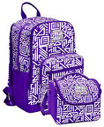 Coral High İlkokul ve Ortaokul Sırt Çantası ve Beslenme Seti - Kız Çocuklar İçin Mor Beyaz Geometrik Şekiller