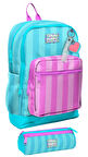 Coral High İlkokul Kız Çocuklarına Özel Dört Gözlü Sırt Çantası ve Kalemlik Seti- Turkuaz Pembe Çizgili