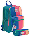 Coral High Kız Çocuk Dört Gözlü Okul Sırt Çantası ve  Kalemlik Seti - Yeşil Mavi Pembe Renkli Çizgili - İlkokul ve Ortaokul İçin Uygun