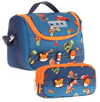 Kaukko Kids Isı Yalıtımlı Beslenme Çantası ve Üç Gözlü Kalemlik Seti - Erkek Çocuk, Lacivert Turuncu (Silikon Aksesuarlı)
