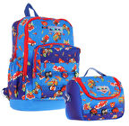 Kaukko Kids Dört Bölmeli Sırt Çantası ve Isı Yalıtımlı Beslenme Çantası Seti - Erkek Çocuk - Mavi Kırmızı