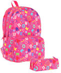 Kaukko Brokar Kalp ve Kaukko Baskılı Pembe Kız Çocuk Okul Çantası ve Kalemlik Seti