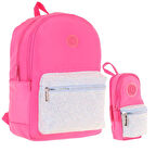 Kaukko Bright Kız Çocuk Taşlı Pembe Okul Çantası ve Çanta Şekilli Kalemlik Seti