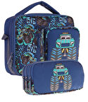 Kaukko Kids Erkek Çocuk Lacivert Turkuaz Kamyon Üç Bölmeli Thermo Beslenme Çantası ve Kalemlik Seti (L7261+L8261)