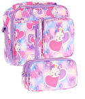Kaukko Kids Kız Çocuk Lila Pembe Kalpli Kedi Baskılı Üç Bölmeli Thermo Beslenme Çantası ve Kalemlik Seti (L7219+L8219)