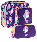 Kaukko Kids Kız Çocuk Mor Çok Renkli Unicorn ve Denizkızı Üç Bölmeli Thermo Beslenme Çantası ve Kalemlik Seti (L7228+L8228)