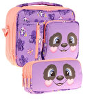Kaukko Kids Kız Çocuk Mor Somon Panda Desenli Üç Bölmeli Thermo Beslenme Çantası ve Kalemlik Seti (L7233+L8233)