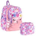 Kaukko Kids Okul ve Beslenme Çantası Seti (Kız Çocuk) - Kedi Şekilli Pembe Mor - (L5219+L7219)