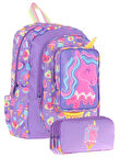 Kaukko Kız Çocuklar İçin Okul Sırt Çantası (L5224) ve Üç Bölmeli Kalemlik (L8224) Seti - Mor Sarı - Unicorn Detaylı