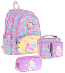 Kaukko Kids Kız Çocuklara Özel (Pembe Yeşil - Denizkızı Nakışlı ve Baskılı) Üçlü Okul Çantası Seti