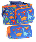 Kaukko (L7278+L8278) Beslenme Çantası (Isı Yalıtımlı) ve Kalem Çantası (Üç Bölme) Seti - Erkek Çocuk - Lacivert Yeşil Dinazor Desenli