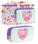 Kaukko (L7230+L8230) Beslenme Çantası (Isı Yalıtımlı) ve Kalem Çantası (Üç Bölme) Seti - Kız Çocuk - Yeşil Mor Kalp Desenli
