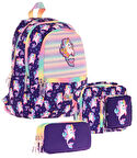Kaukko Kids Üçlü Kız Çocuk İlkokul Okul Çantası Seti (L5228+L7228+L8228) Mor - Kauçuk Unicorn