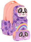 Kaukko Kids Toys Kız Çocuk Mor Somon 3D Panda Şekilli İlkokul Çantası ve Kalemlik Seti (L5233+L8233)