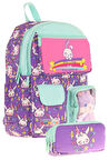 Kaukko Kız Çocuk Beş Bölmeli Okul Çantası ve Üç Bölmeli Kalemlik Seti - Peluş Tavşanlı - Mor Yeşil
