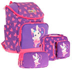 Kaukko (Kalpli Tavşan Desenli - Pembe Mor) Kız Çocuk İki Bölmeli Okul Çanta Seti (Üçlü)
