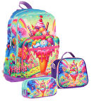 Kaukko Kids Dört Bölmeli Okul Çantası + Beslenme +Kalemlik Seti (Dondurma - Kız Çocuk - Kırmızı Mavi)